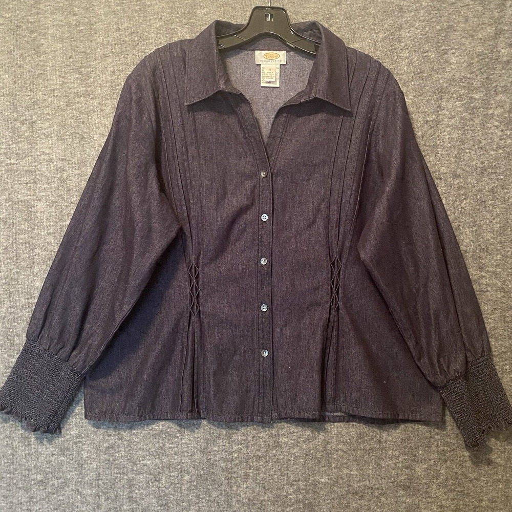 Talbots Denim Shirt Womens 1X Blue Cotton‎ Pintuck Smocked Cuff Button Up Top